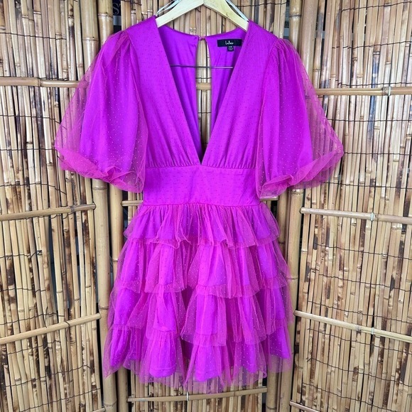 Lulus Dresses & Skirts - LULUS Dramatic Poise Hot Pink Dot Tulle Puff Sleeve Tiered Mini Dress XXS
